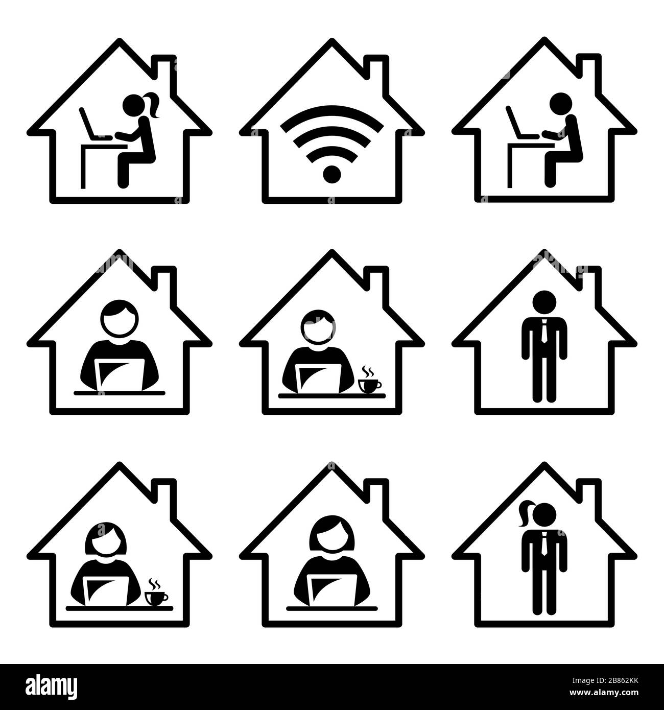 Persone che lavorano da casa vettore icone set, freelance uomo e donna che lavorano sul loro notebook, computer, casa ufficio design Illustrazione Vettoriale