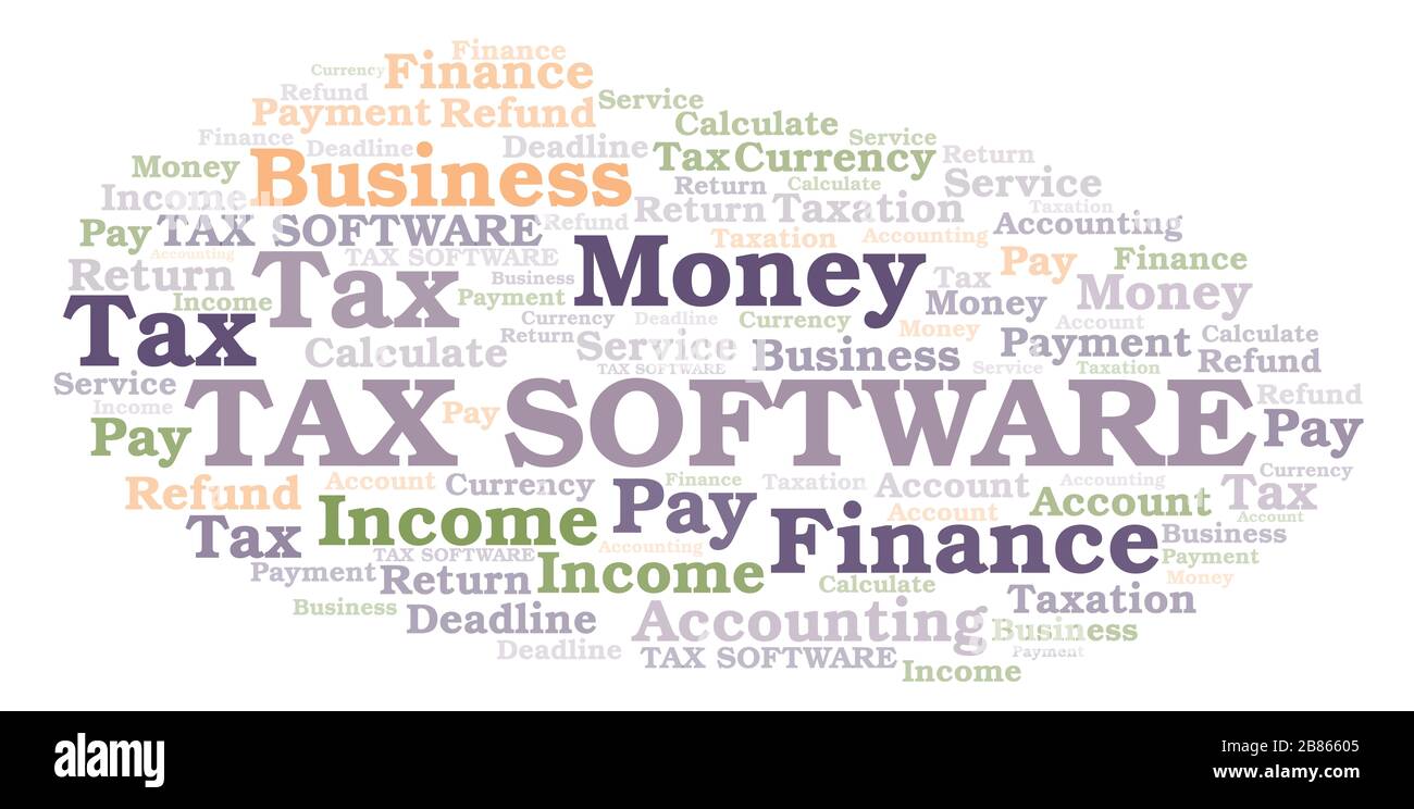 Nuvola di parole del software fiscale. Wordcloud realizzato solo con testo. Foto Stock