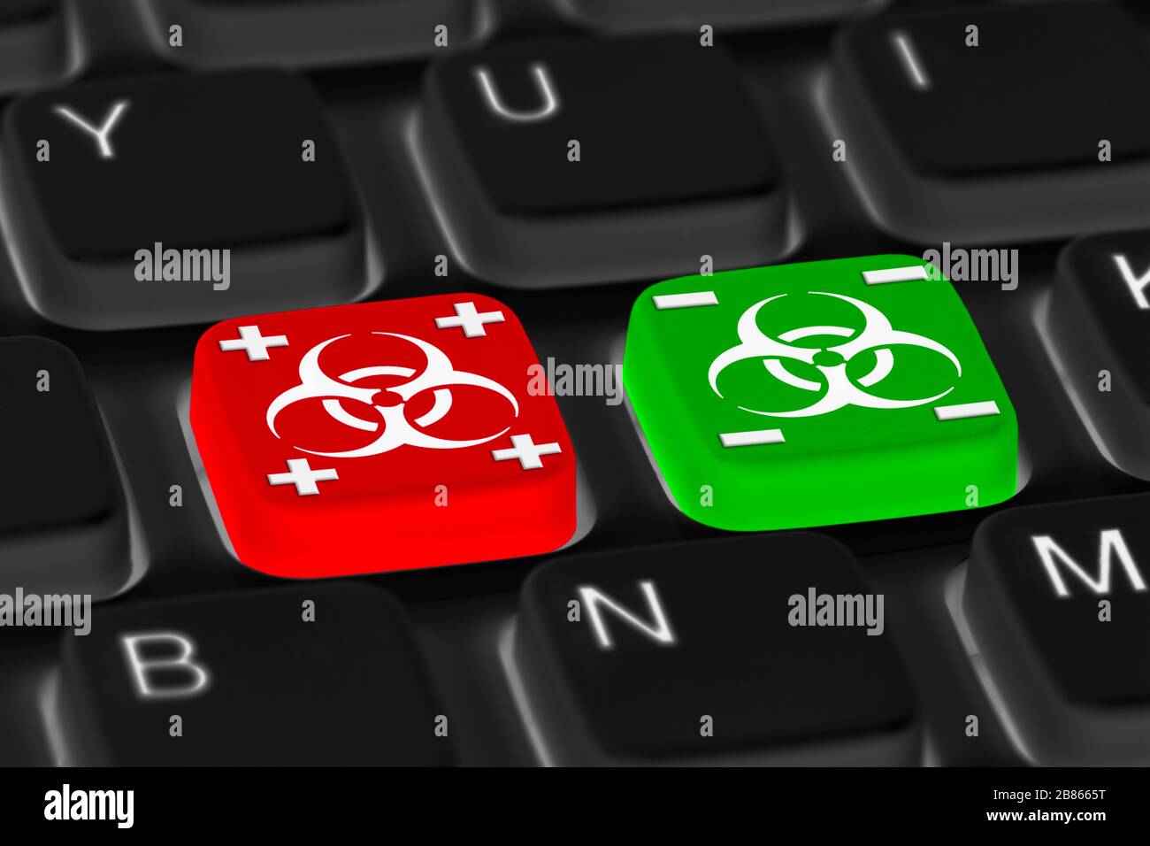 Pulsanti risultati test per risultati positivi o negativi per test medici di un virus. Test per l'infezione virale da Coronavirus COVID19. Concetto di test virale. Foto Stock