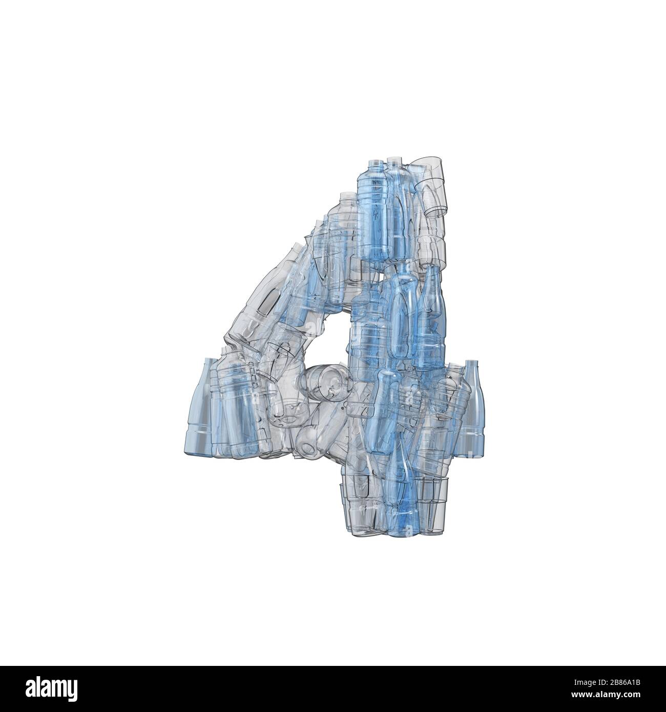 Numero 4 in bottiglie di plastica. Font per il riciclaggio della plastica. Rendering 3D Foto Stock