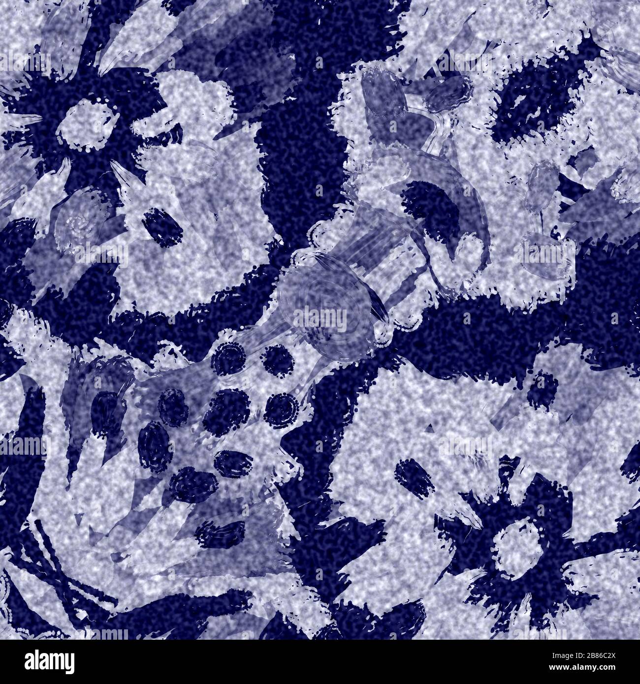 Indigo blu batik tinto pansy fiore effetto texture sfondo. Campione giapponese senza cuciture a ripetizione. Motivo floreale pittorico colore candeggina. Maschile Foto Stock
