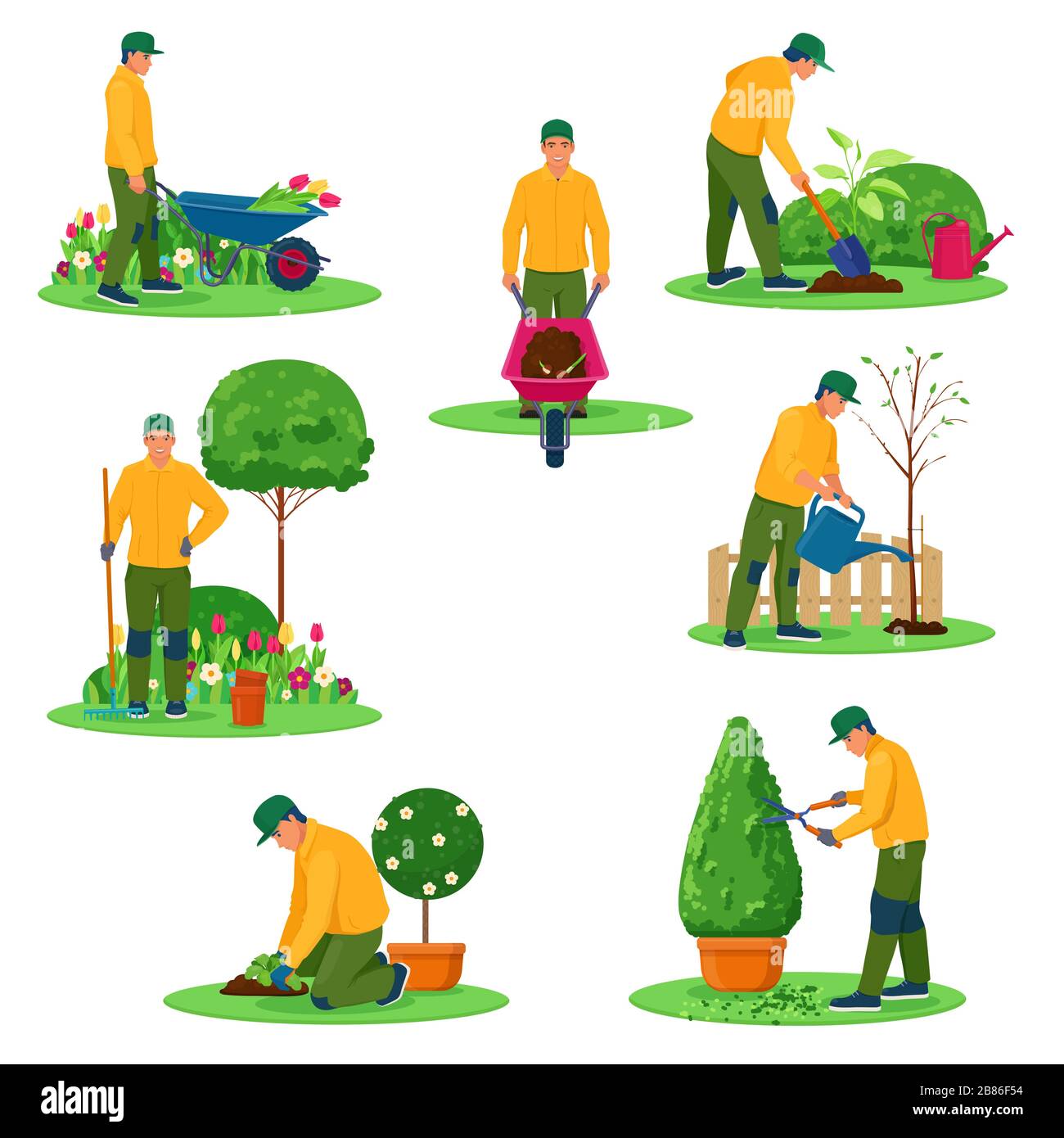 Set di caratteri di giardinieri. Giardiniere professionista che lavora in giardino con diversi strumenti. Illustrazioni vettoriali su sfondo bianco Illustrazione Vettoriale