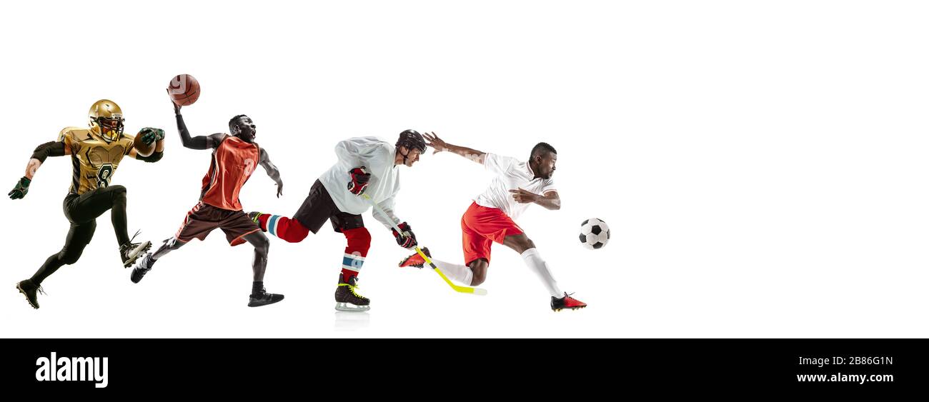 Volo alto. Giovani sportivi che corrono e saltano su sfondo bianco studio. Concetto di sport, movimento, energia, stile di vita sano. Allenamento, pratica in movimento. Volantino. Basket, calcio, hockey. Foto Stock