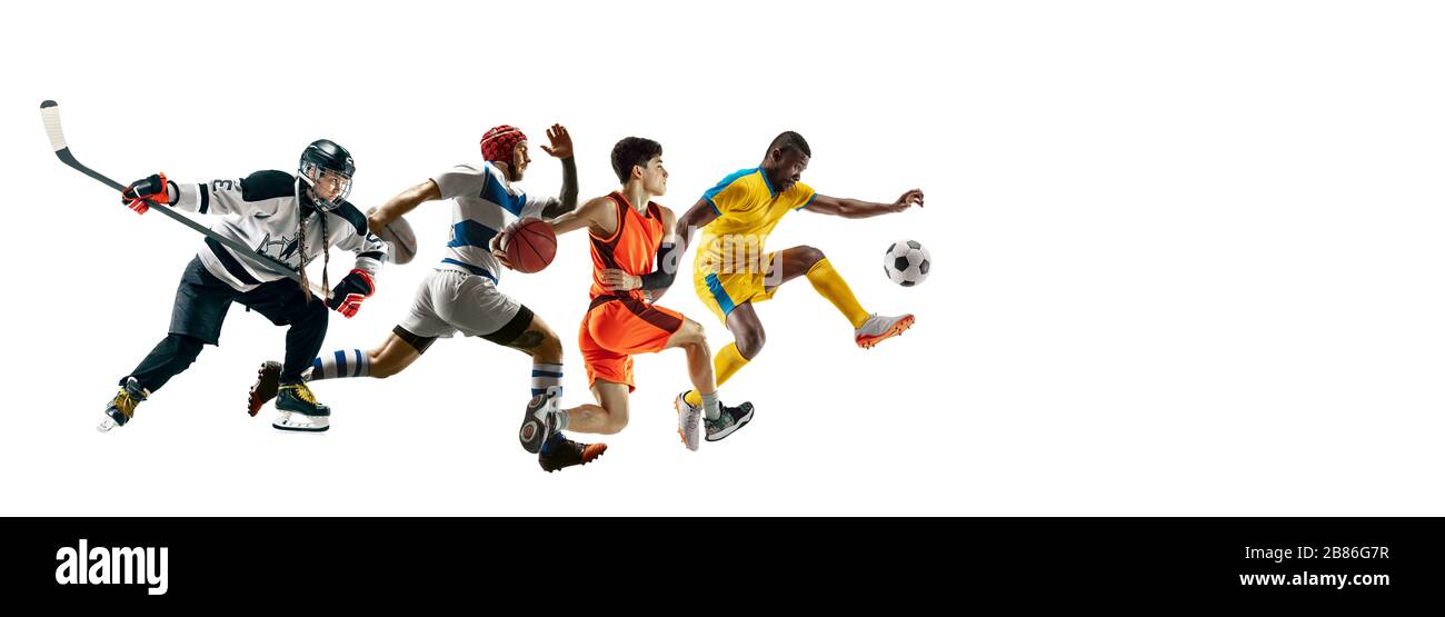 Volo alto. Giovani sportivi che corrono e saltano su sfondo bianco studio. Concetto di sport, movimento, energia, stile di vita sano. Allenamento, pratica in movimento. Volantino. Hockey, calcio, basket. Foto Stock