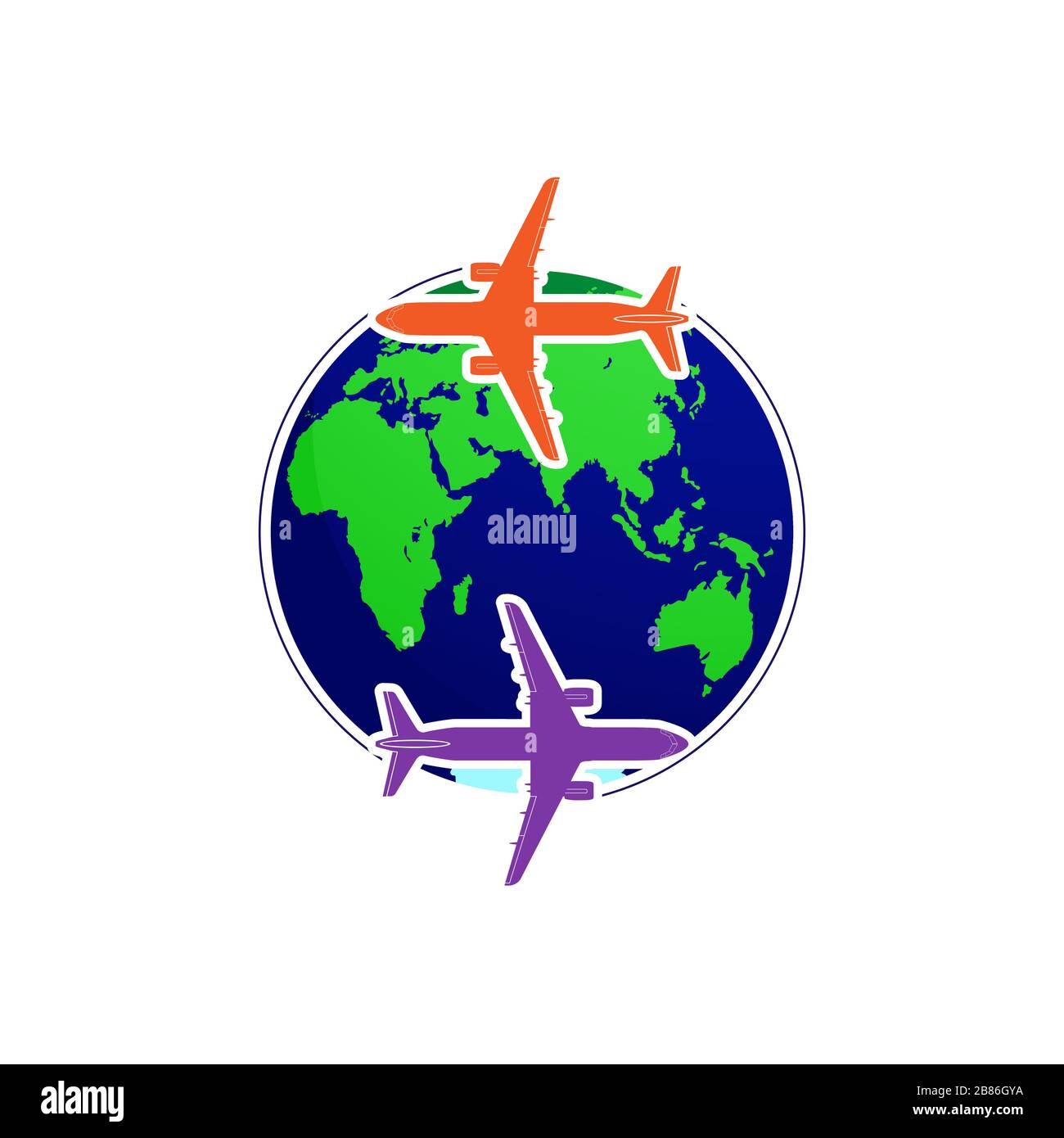 Le silhouette di due aerei volano intorno al globo. Disegno piatto per un logo, un adesivo per il vostro sito o applicazione Illustrazione Vettoriale