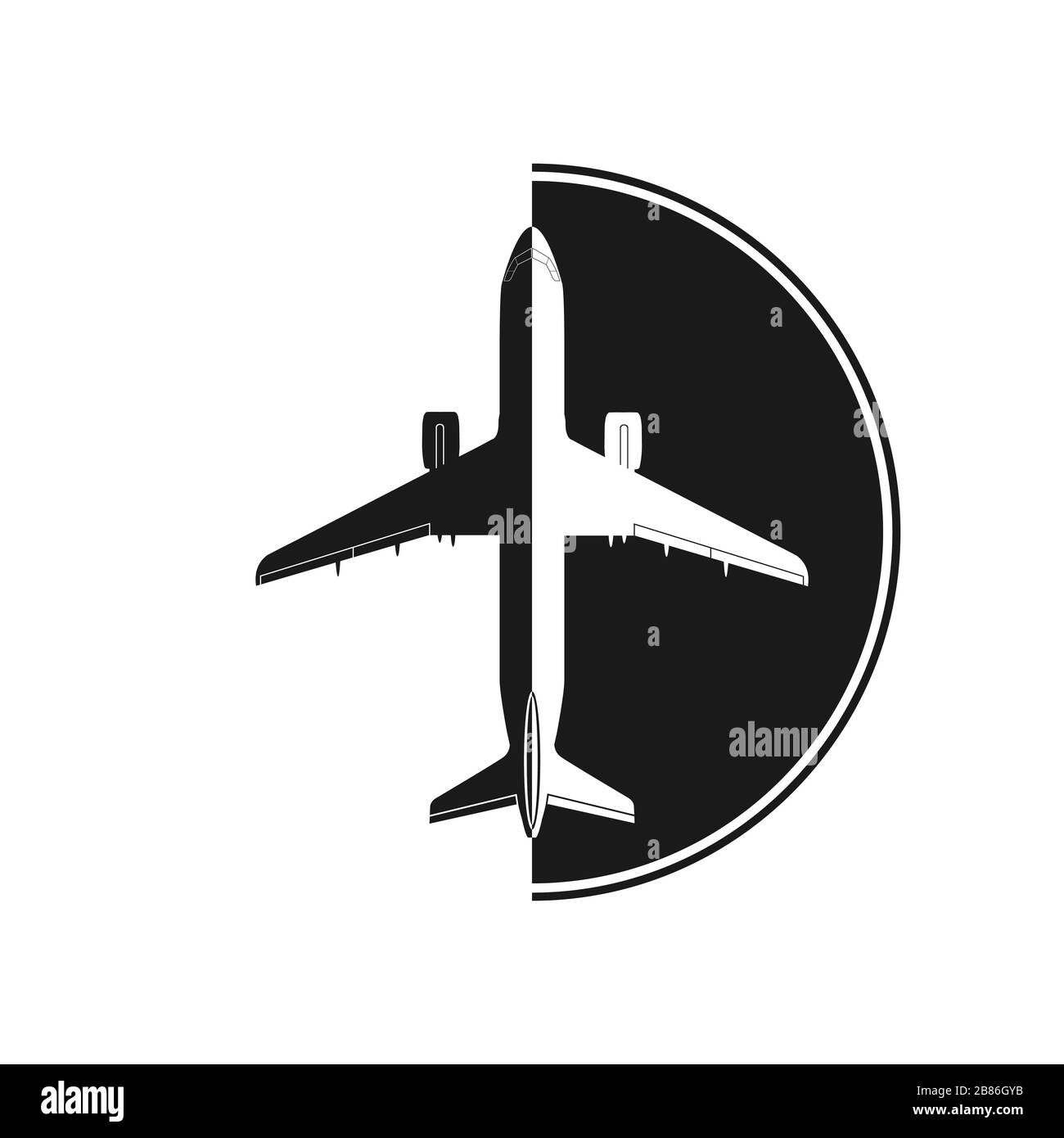 Silhouette di un aereo sullo sfondo di un semicerchio. Semplice design piatto per logo, logo o adesivo per un sito Web o un'applicazione Illustrazione Vettoriale