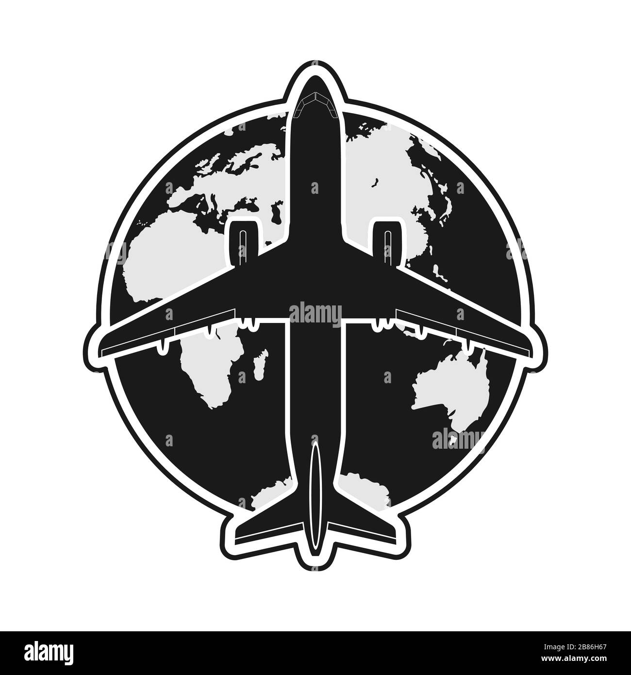 Silhouette di un aereo sullo sfondo del globo. Semplice design piatto per logo, logo o adesivo per un sito Web o un'applicazione Illustrazione Vettoriale