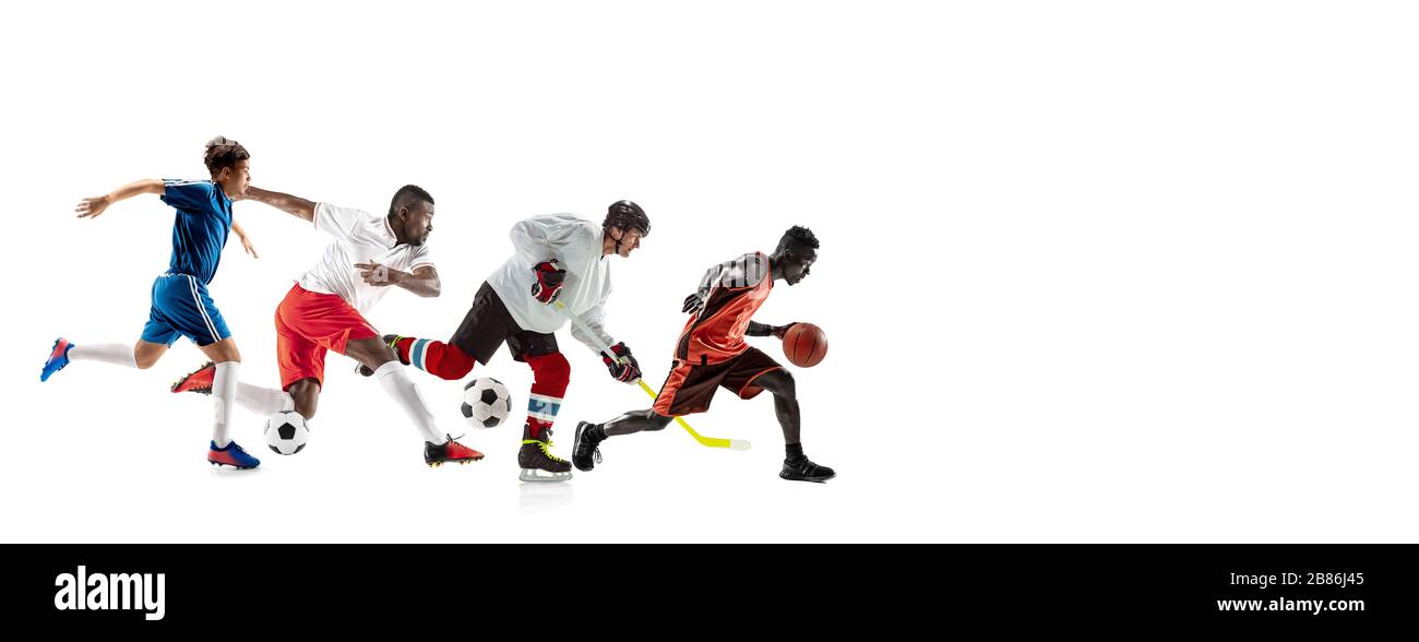 Giovani sportivi che corrono e saltano su sfondo bianco studio. Concetto di sport, movimento, energia e stile di vita dinamico e sano. Allenamento, pratica in movimento. Volantino. Pallacanestro, hockey, calcio. Foto Stock