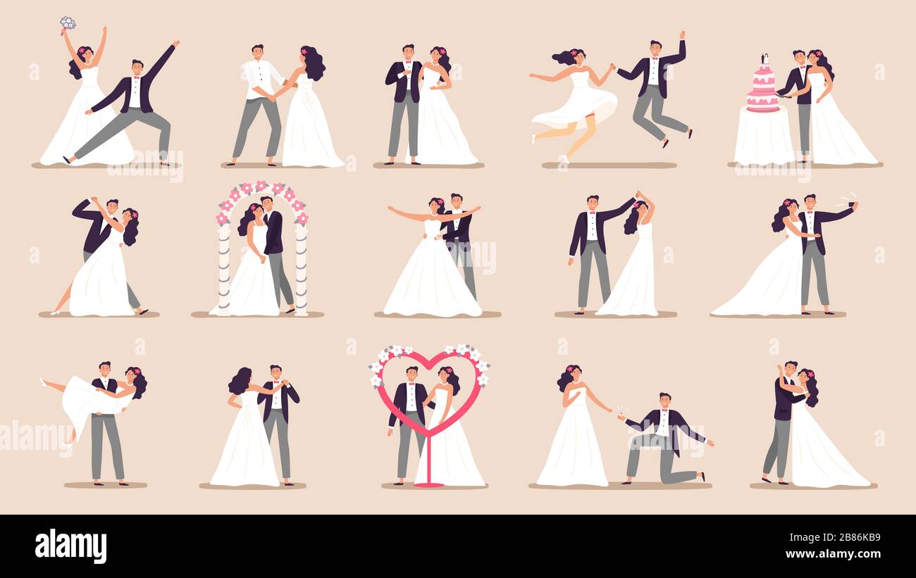 Coppie di nozze. Sposa in abito da sposa, coppia appena sposata e cerimonia di matrimonio cartoon vettoriale illustrazione set Illustrazione Vettoriale