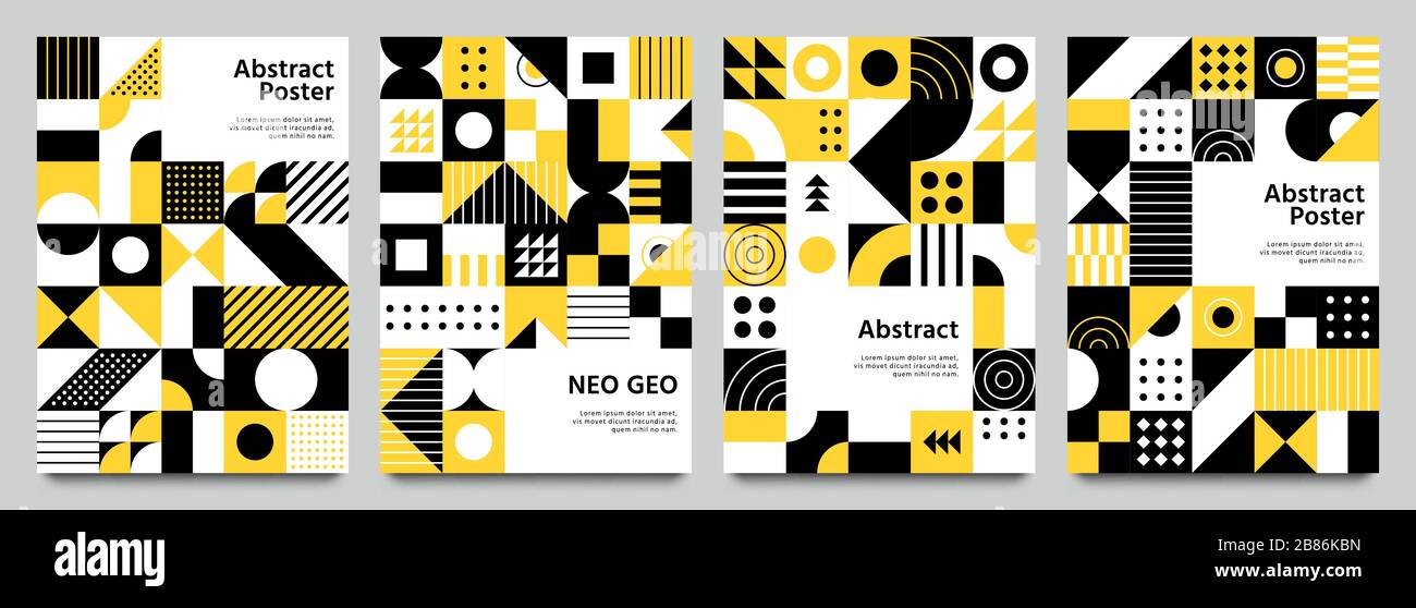 Poster neo-geometrici. Moderno disegno a griglia con forme geometriche. Set vettoriale sfondi astratti giallo, bianco e nero Illustrazione Vettoriale