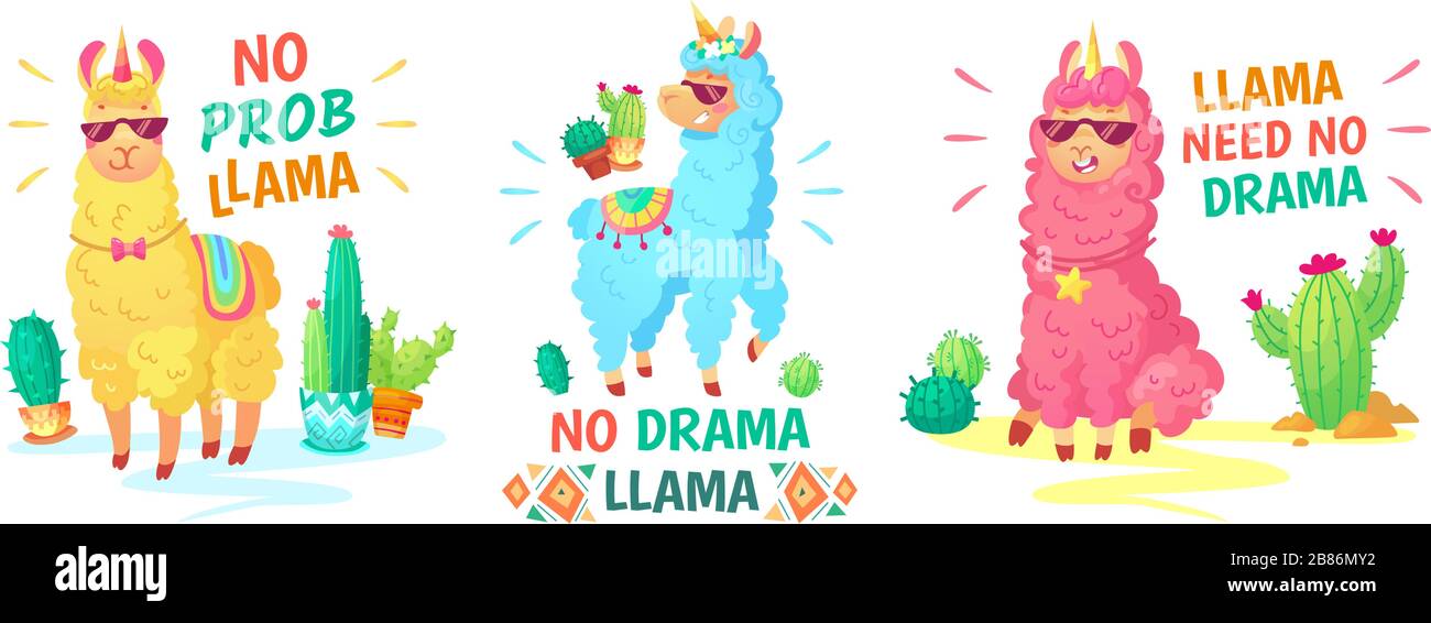 Poster Llama. Nessun llama di dramma e nessun insieme di illustrazione vettoriale del llama di prob Illustrazione Vettoriale