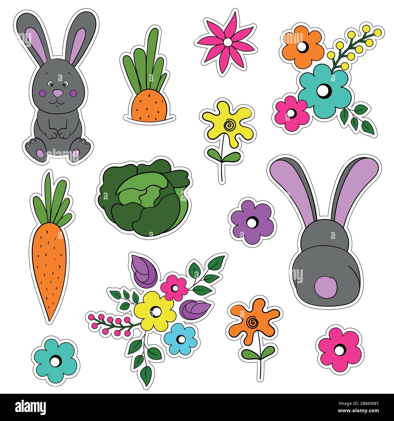 Set Di Simpatici Adesivi Cartoni Animati Colorati Con Conigli Fiori Mazzi Carote Cavolo Set Di Pasqua Vettore Isolato Con Contorno Di Taglio Immagine E Vettoriale Alamy