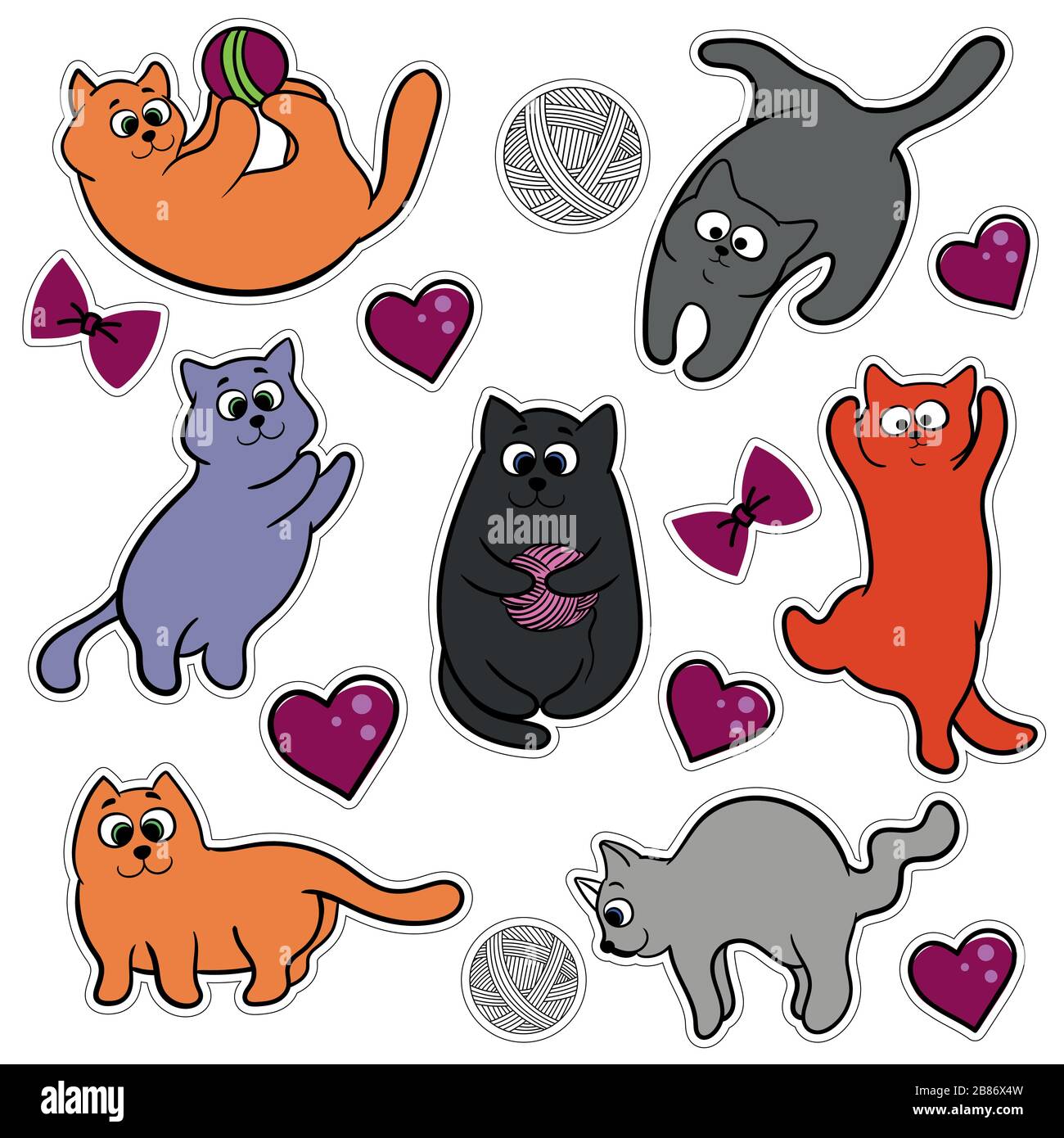 un set di simpatici adesivi cartoni animati colorati con gatti
