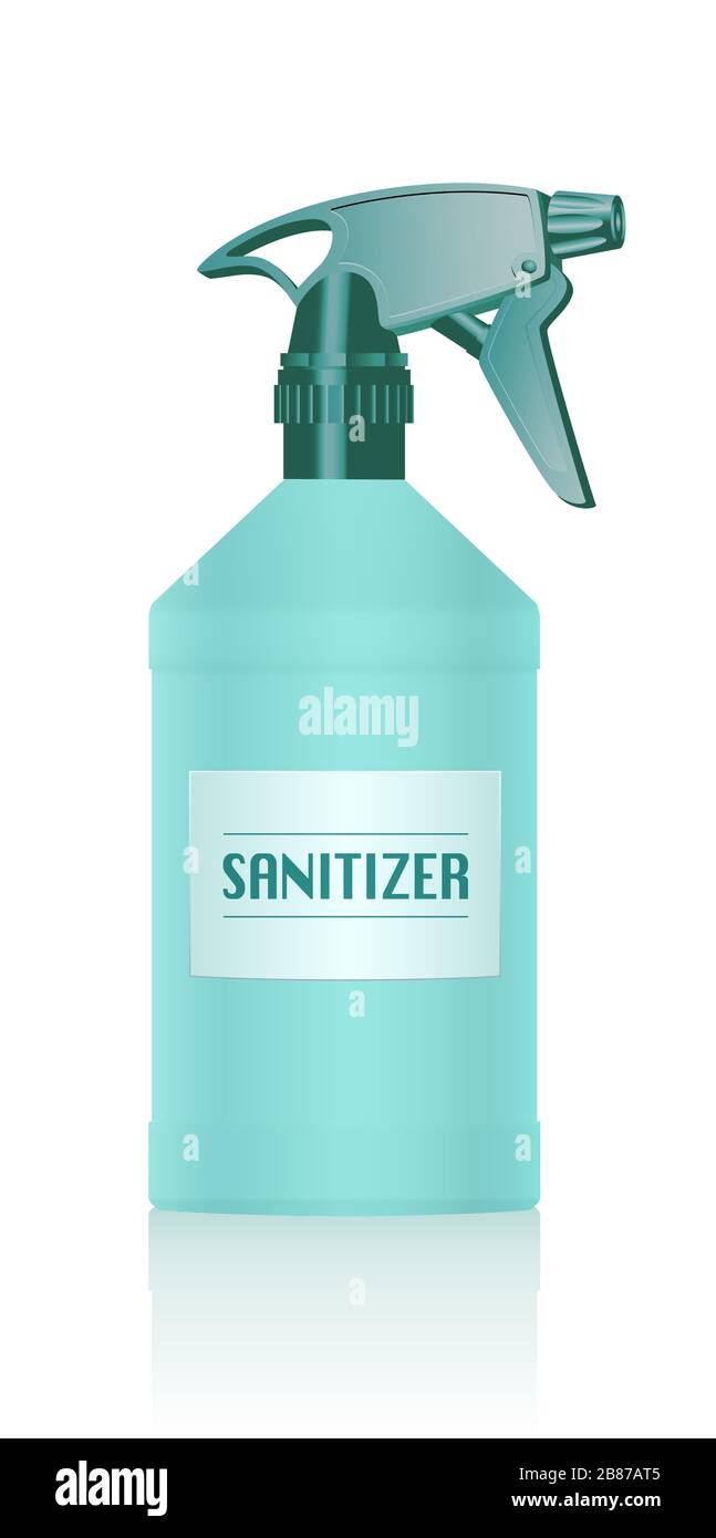 Flacone spray igienizzante. Disinfettante per la pulizia e la protezione igieniche, antisettiche, antibatteriche e antimicrobiche. Foto Stock