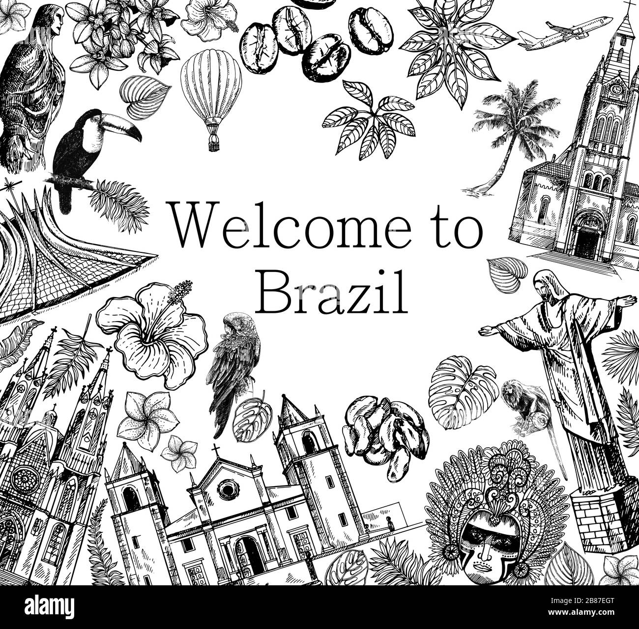 Poster carta composizione di disegno disegnata a mano stile Brasile oggetti correlati isolato su sfondo bianco. Illustrazione vettoriale. Illustrazione Vettoriale