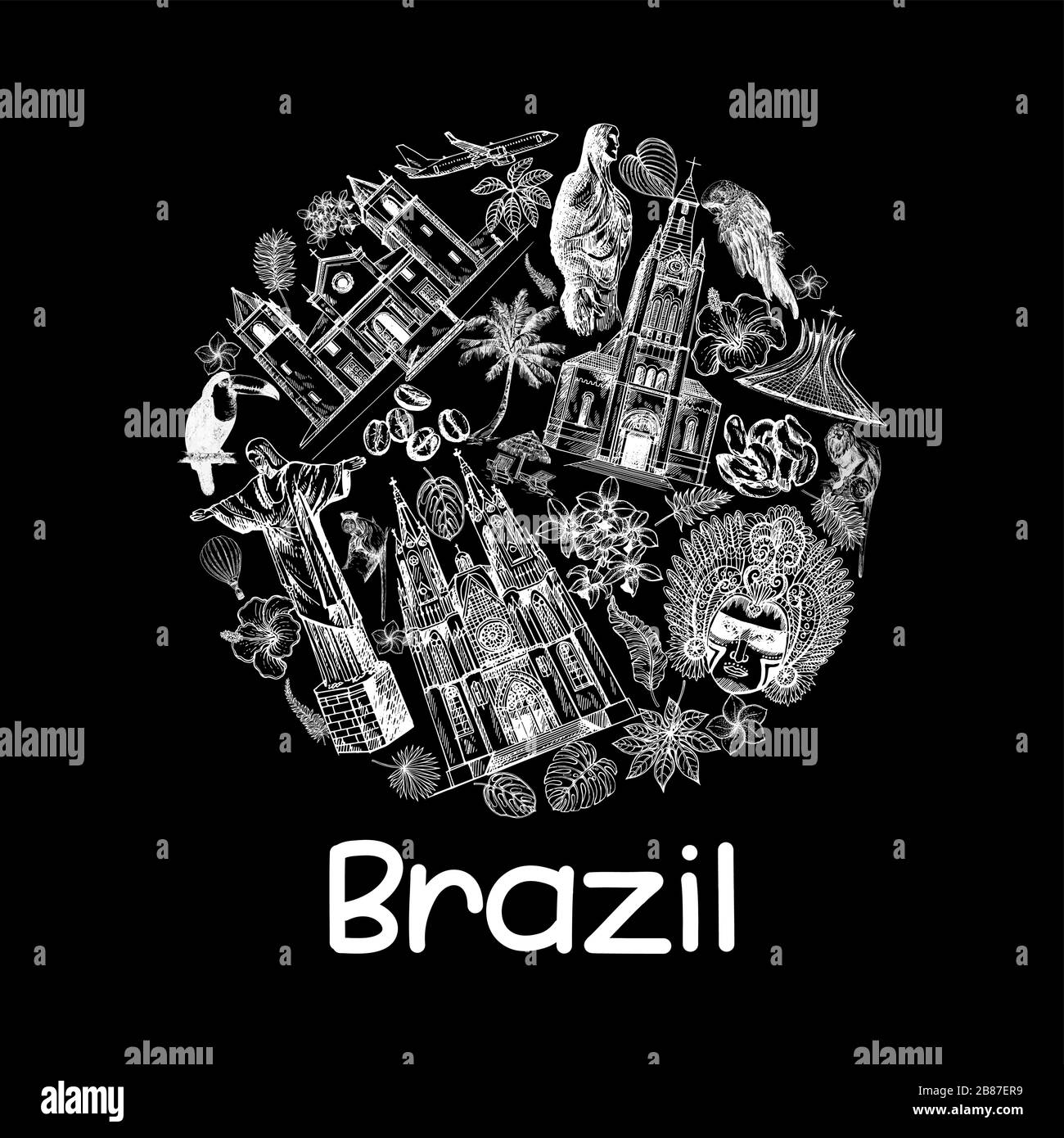 Poster composizione dello schizzo disegnato a mano stile Brasile oggetti correlati isolato su sfondo nero. Illustrazione vettoriale. Illustrazione Vettoriale