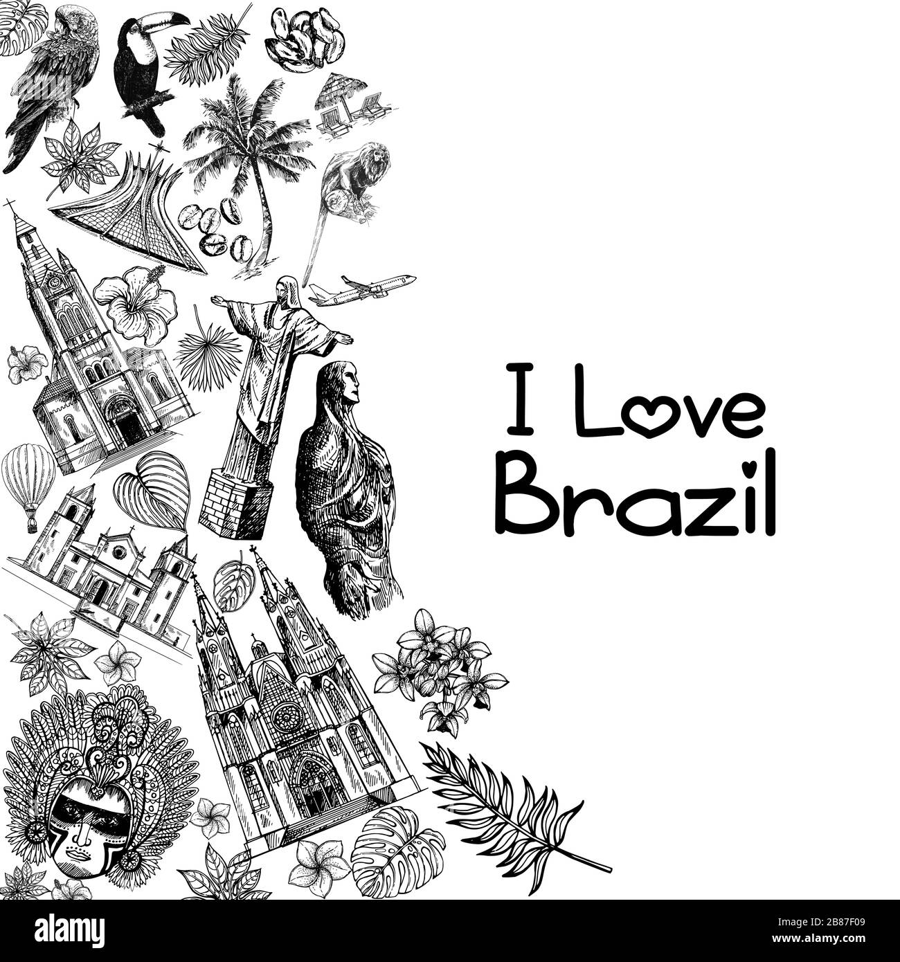 Poster carta composizione di disegno disegnata a mano stile Brasile oggetti correlati isolato su sfondo bianco. Illustrazione vettoriale. Illustrazione Vettoriale