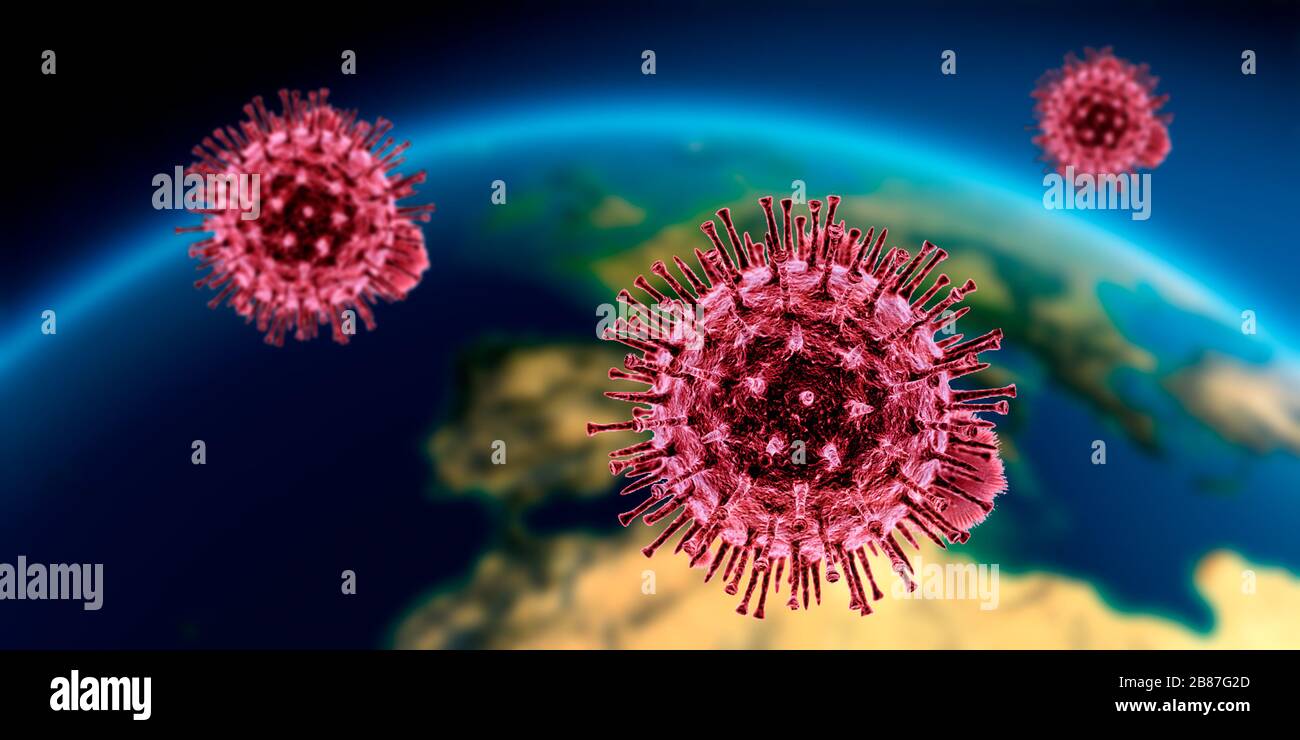 Particelle di coronavirus (MERS-cov) (virioni), illustrazione al computer. Precedentemente conosciuto come romanzo coronavirus, MERS, COVID-19 che si diffonde intorno al mondo Foto Stock