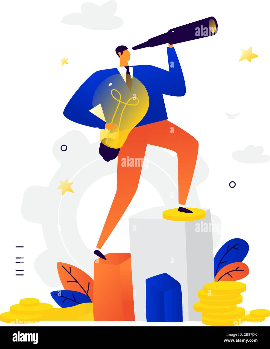Illustrazione di un uomo d'affari che guarda attraverso una lente d'ingrandimento. Vettore. Un uomo con un'idea fa piani per il futuro. Metafora. Ricerca creativa per i fresco Illustrazione Vettoriale Illustrazione di un uomo d'affari che guarda attraverso una lente d'ingrandimento. Vettore. Un uomo con un'idea fa piani per il futuro. Metafora. Ricerca creativa per i fresco Illustrazione Vettoriale