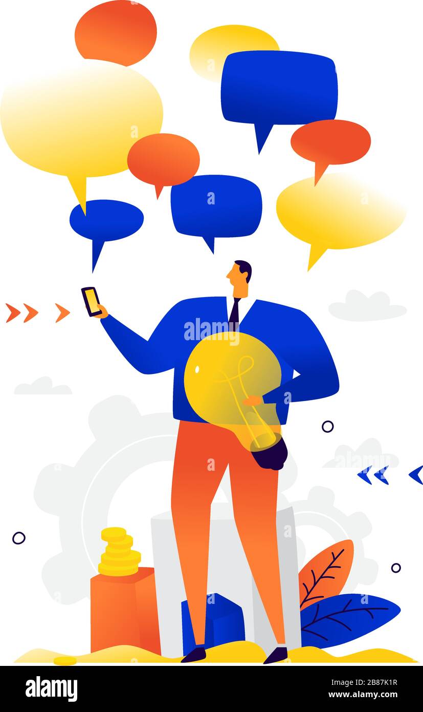 Illustrazione di un uomo d'affari che parla. Vettore. Metafora. Un uomo con una lampadina circondata da fumetti. Illustrazione piatta. Messaggeri e chatt Illustrazione Vettoriale Illustrazione di un uomo d'affari che parla. Vettore. Metafora. Un uomo con una lampadina circondata da fumetti. Illustrazione piatta. Messaggeri e chatt Illustrazione Vettoriale