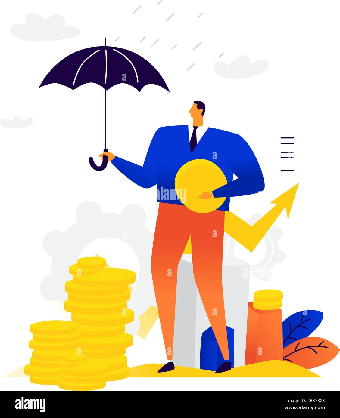 Illustrazione di un uomo d'affari con monete sotto un ombrello. Vettore. Metafora. Un uomo sta cercando di tenere il suo capitale dall'inflazione. La caduta degli stock o Illustrazione Vettoriale Illustrazione di un uomo d'affari con monete sotto un ombrello. Vettore. Metafora. Un uomo sta cercando di tenere il suo capitale dall'inflazione. La caduta degli stock o Illustrazione Vettoriale