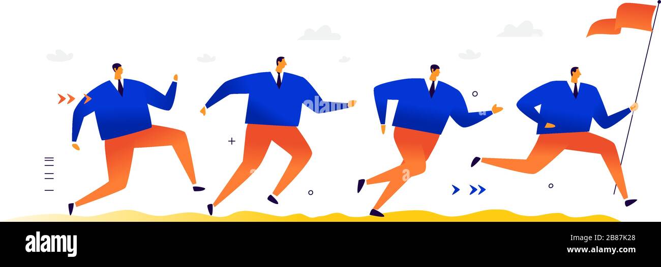 Illustrazione di uomini d'affari running. Vettore. Metafora. Una folla di uomini corre dopo un leader, un maschio alpha con una bandiera, una bandiera. Illustrazione piatta. Illustrazione Vettoriale Illustrazione di uomini d'affari running. Vettore. Metafora. Una folla di uomini corre dopo un leader, un maschio alpha con una bandiera, una bandiera. Illustrazione piatta. Illustrazione Vettoriale