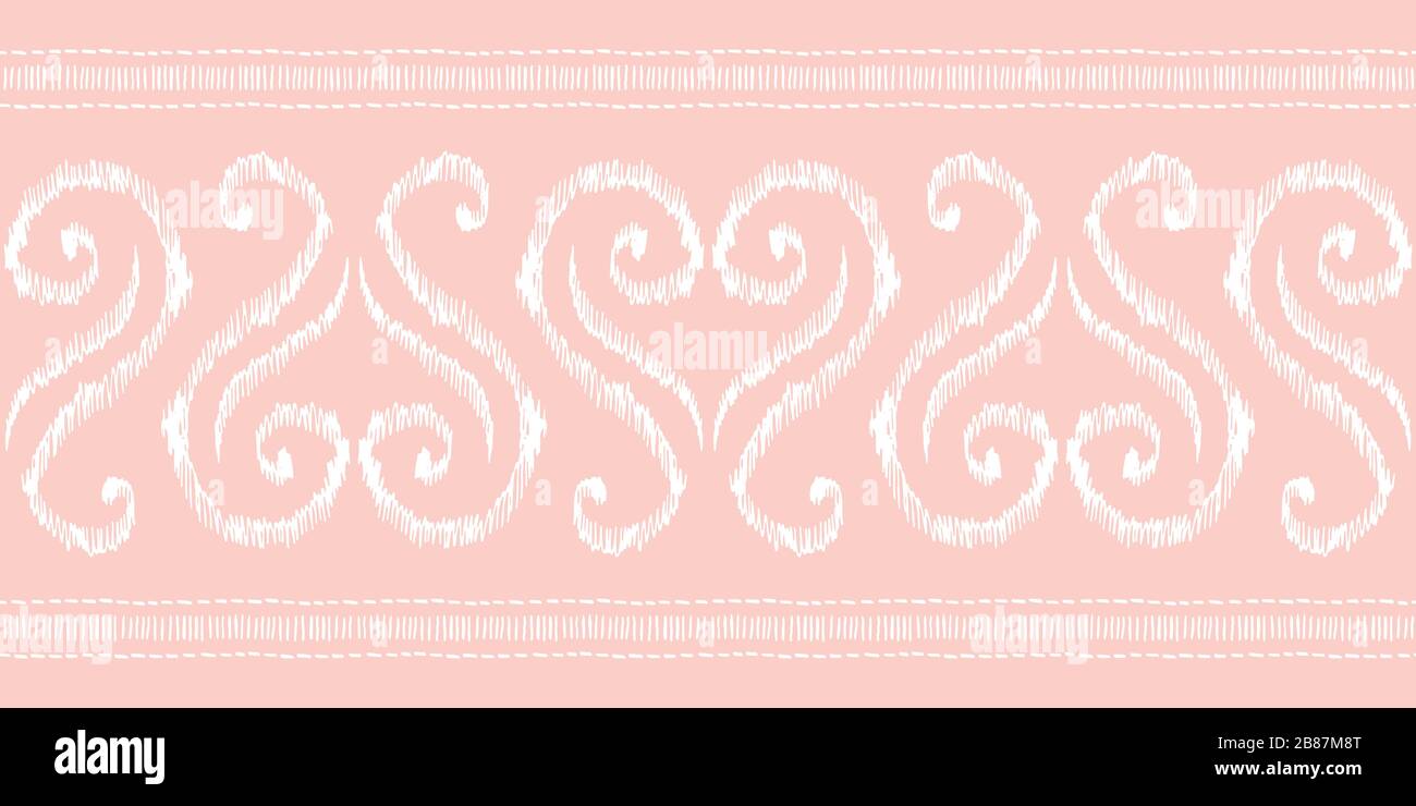 Forma a cuore rosa e bianco trafilato a mano tradizionale Ikat Vector bordo orizzontale senza cuciture Illustrazione Vettoriale