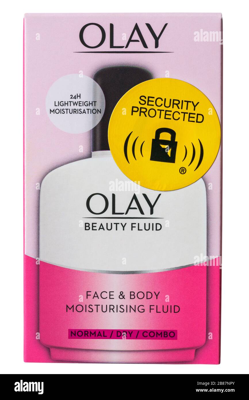 Scatola di Olay beauty Fluid 24H leggero idratazione viso e corpo fluido idratante, protetto di sicurezza isolato su sfondo bianco Foto Stock
