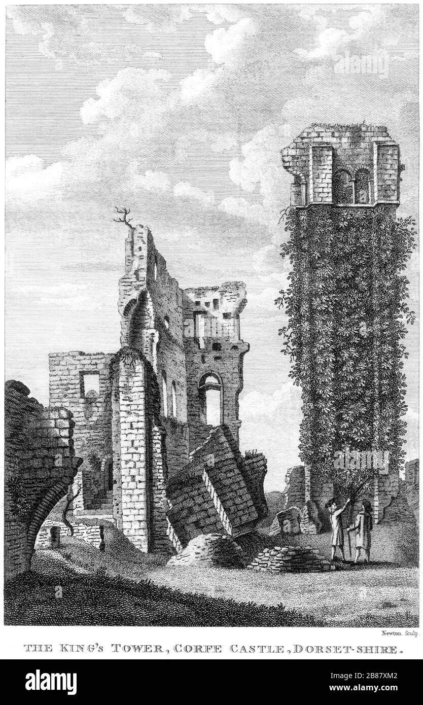 Un'incisione della Kings Tower, Corfe Castle, Dorsetshire scannerizzato ad alta risoluzione da un libro pubblicato intorno al 1786. Creduto copyright libero. Foto Stock