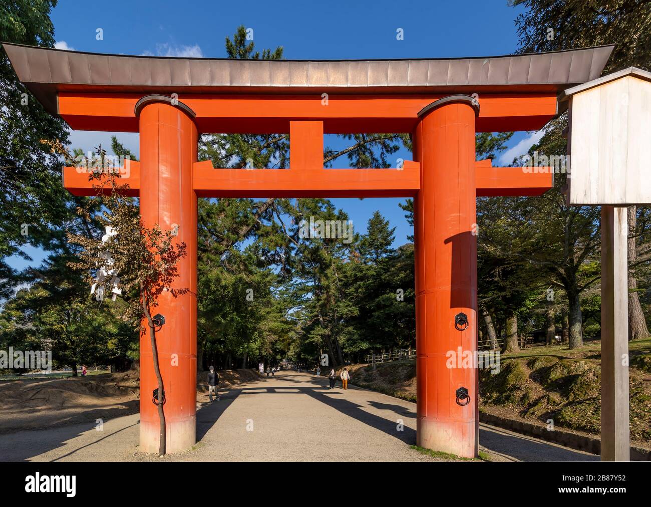 Una porta rossa di torii nel Parco di Nara, Nara, Prefettura di Nara, Isola di Honshu, Giappone Foto Stock