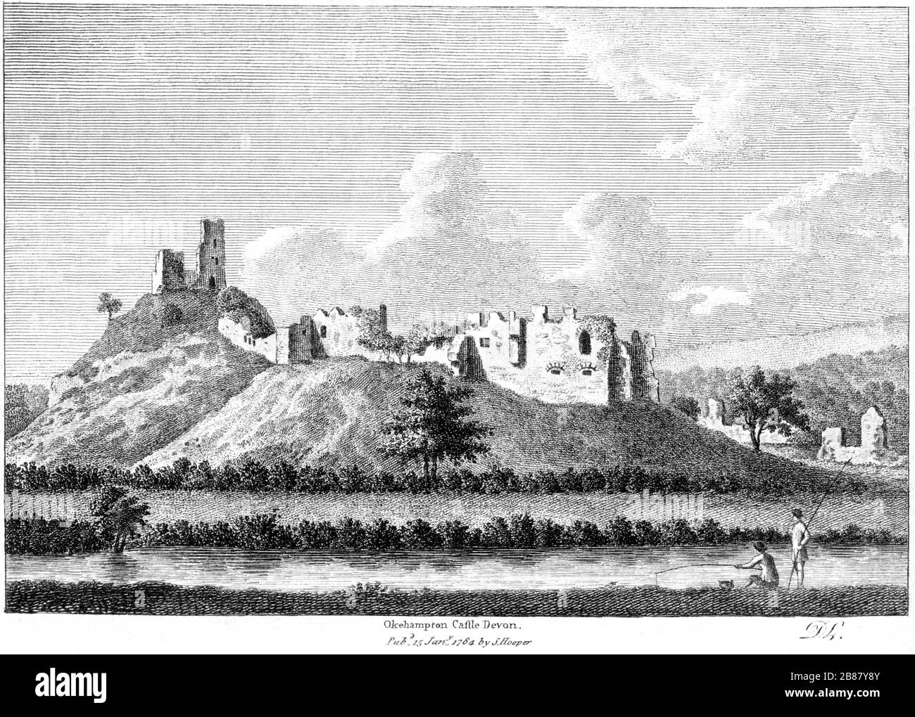 Un'incisione di Okehampton Castle Devon 1784 scannerizzata ad alta risoluzione da un libro pubblicato intorno al 1786. Creduto copyright libero. Foto Stock