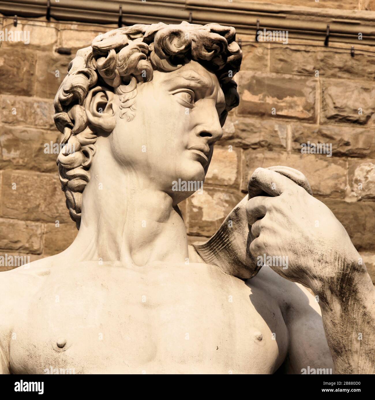 Primo piano della famosa statua di David, Firenze, Italia Foto Stock