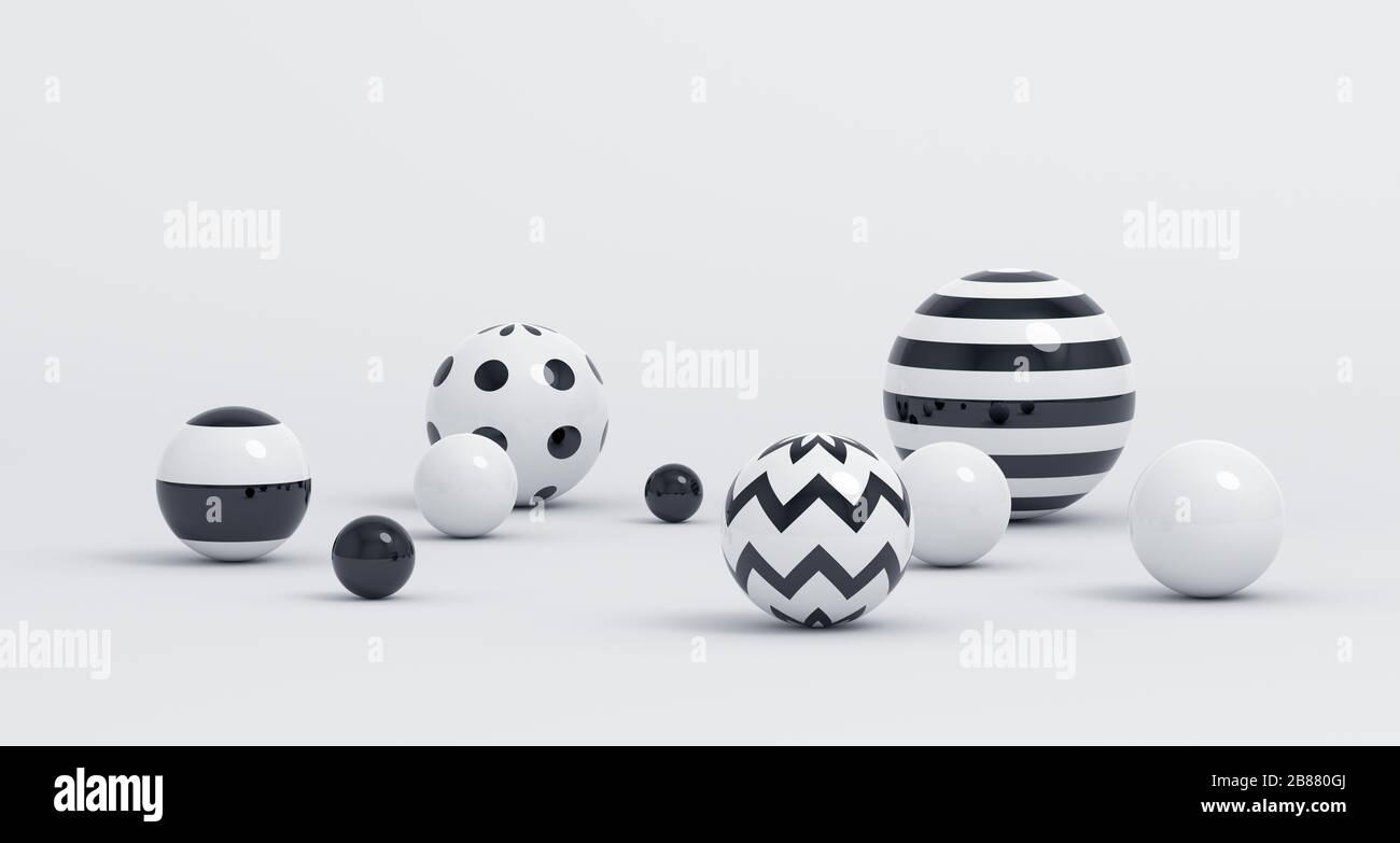 Rappresentazione 3d astratta di sfere, composizione con forme geometriche, moderno disegno di fondo Foto Stock