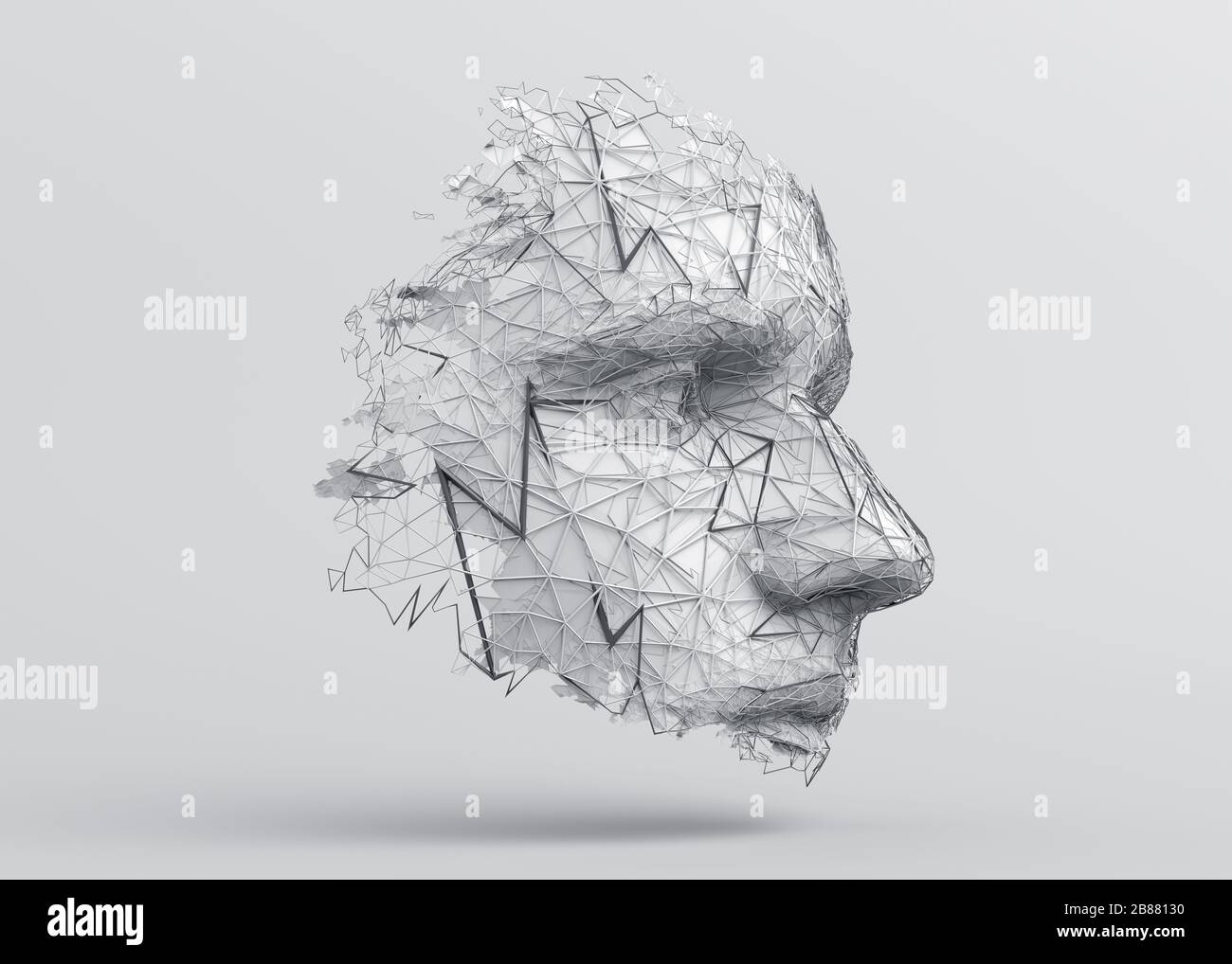 Astratta volto umano poligonale, 3d illustrazione di una costruzione di testa di cyborg, concetto di intelligenza artificiale Foto Stock