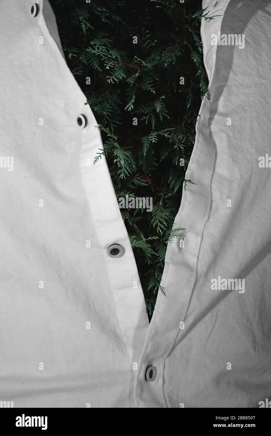 Ritratto surreale fotografia verde foglie sotto una camicia vestito bianco Foto Stock