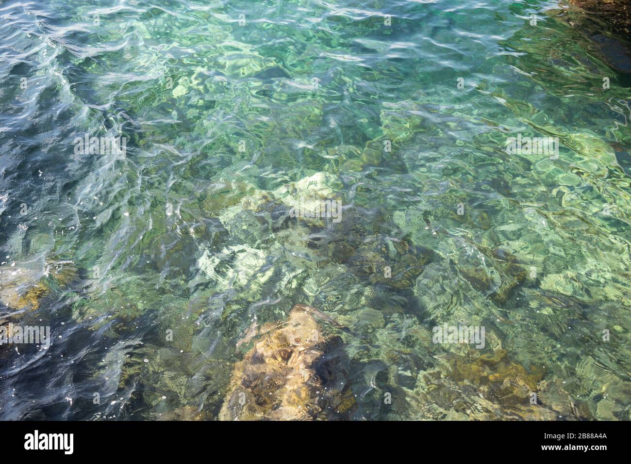 Mar Mediterraneo sfondo, Costa Azzurra. Acqua di mare limpida. Salute delle piante marine. Foto Stock
