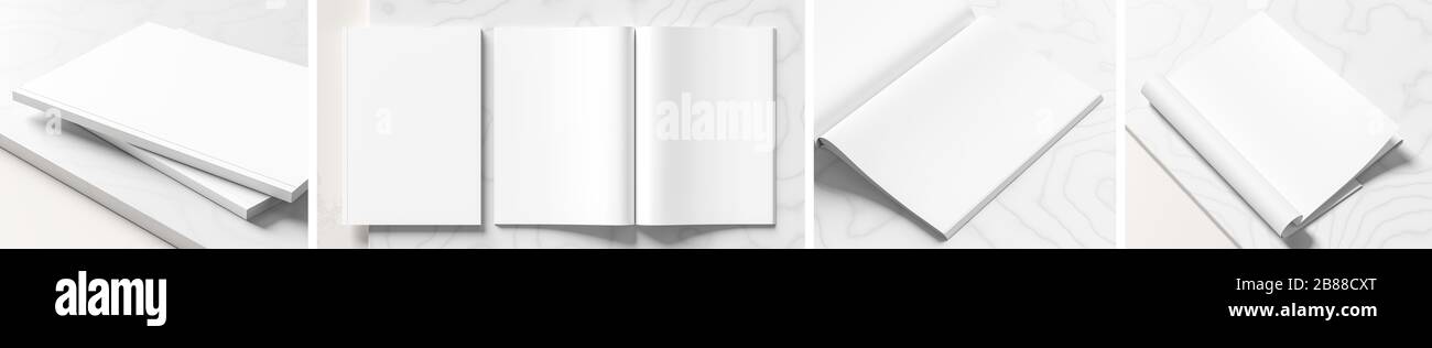 Rivista o catalogo realistico su sfondo in marmo bianco. Mockup di riviste vuote con quattro diverse varianti. Illustrazione 3D. Foto Stock