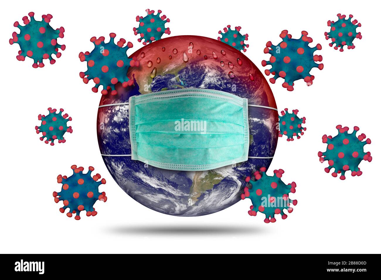 Globo mondiale di terra di coronavirus con maschera di polvere facciale respiratore. Virus corna epidemia globale epidemia pandemica prevenzione medica Concept.Eleme Foto Stock