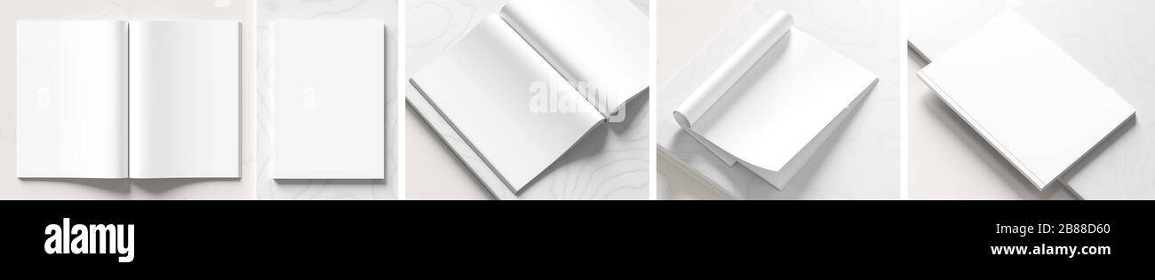 Rivista o catalogo realistico su sfondo in marmo bianco. Mockup di riviste vuote con quattro diverse varianti. Illustrazione 3D. Foto Stock