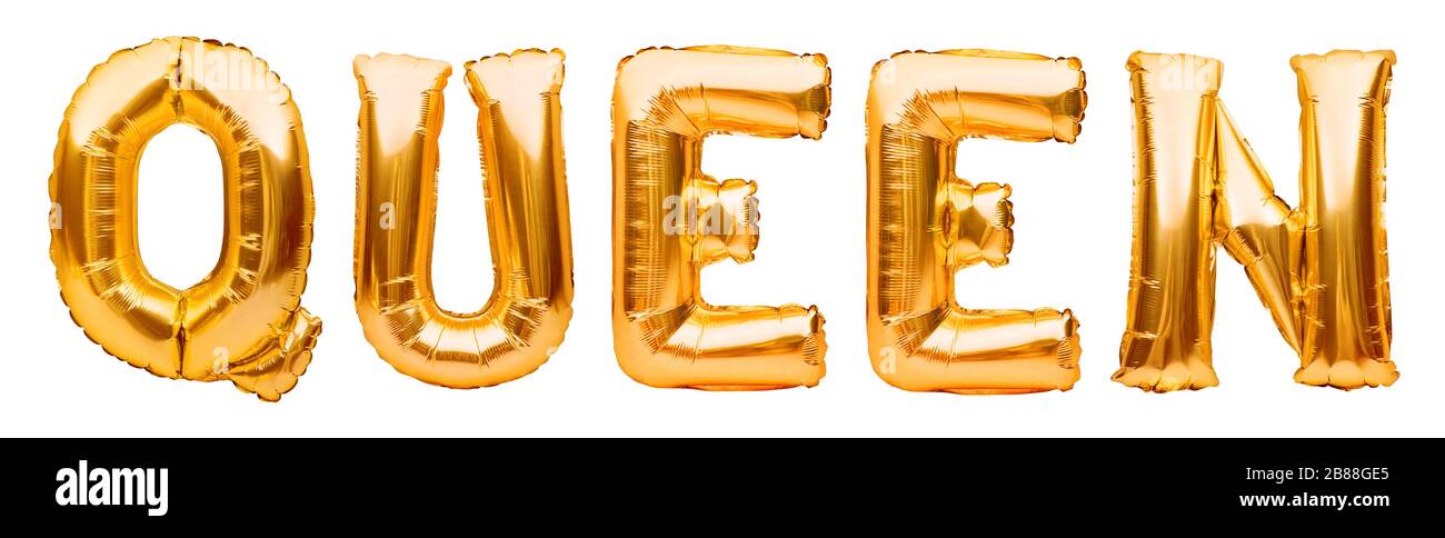 Golden Word QUEEN fatto di palloncini gonfiabili isolato su sfondo bianco. Lettere palloncino in lamina d'oro. Festa, compleanno, celebrazione concetto Foto Stock