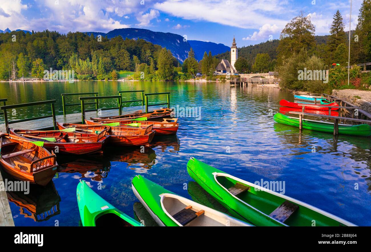 Bellissimo lago di Bohinj, vista panoramica, Slovenia. Foto Stock