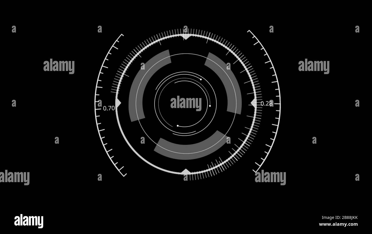 Interfaccia utente HUD Circle su sfondo nero. Ricerca di destinazione e scansione di un tema di elementi olografici. IU digitale e tecno ologramma circolare Sci-fi Foto Stock
