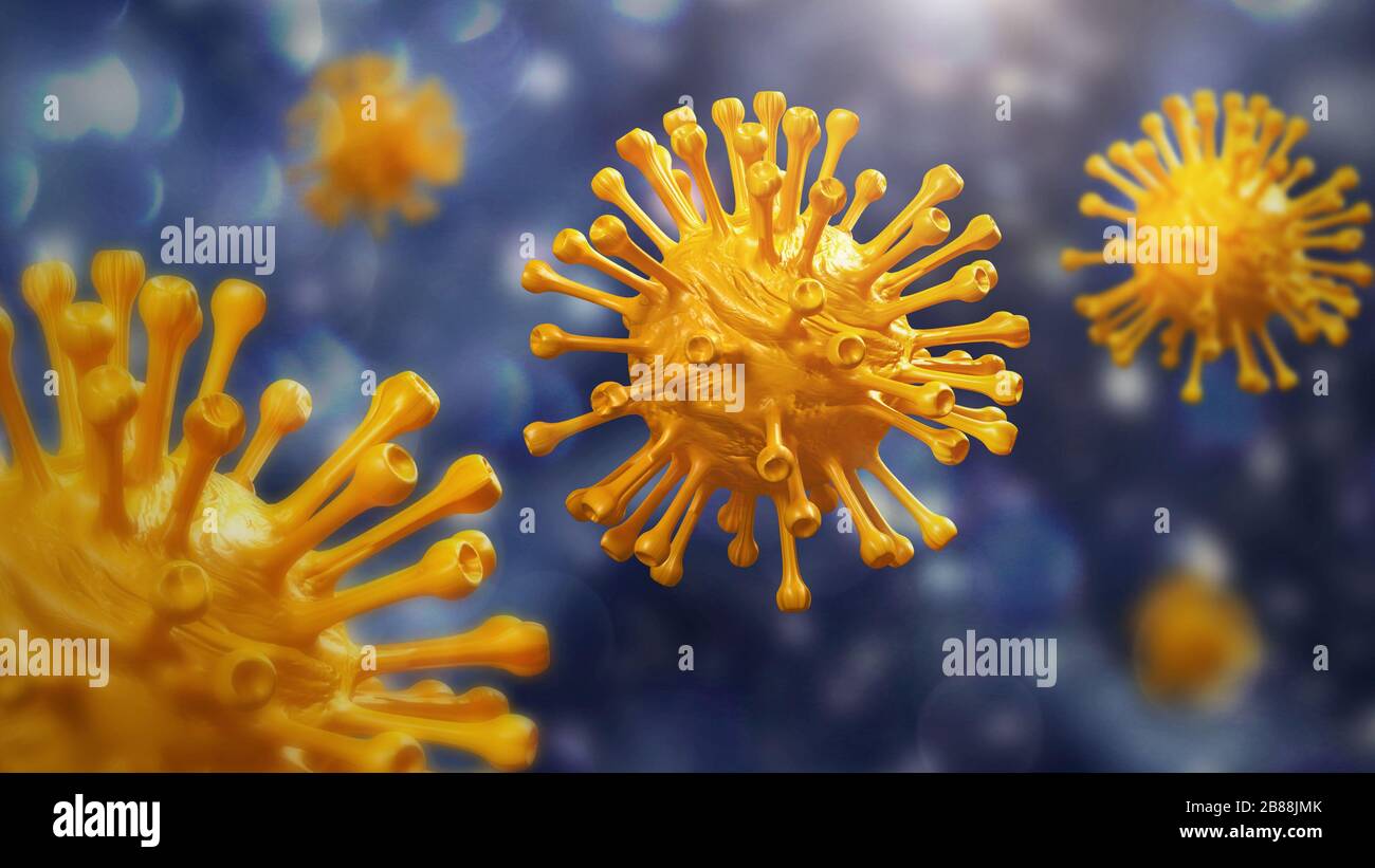 Super closeup Coronavirus COVID-19 su sfondo umano. Scienza e microbiologia. Epidemia di virus Corona. Salute medica e vir Foto Stock