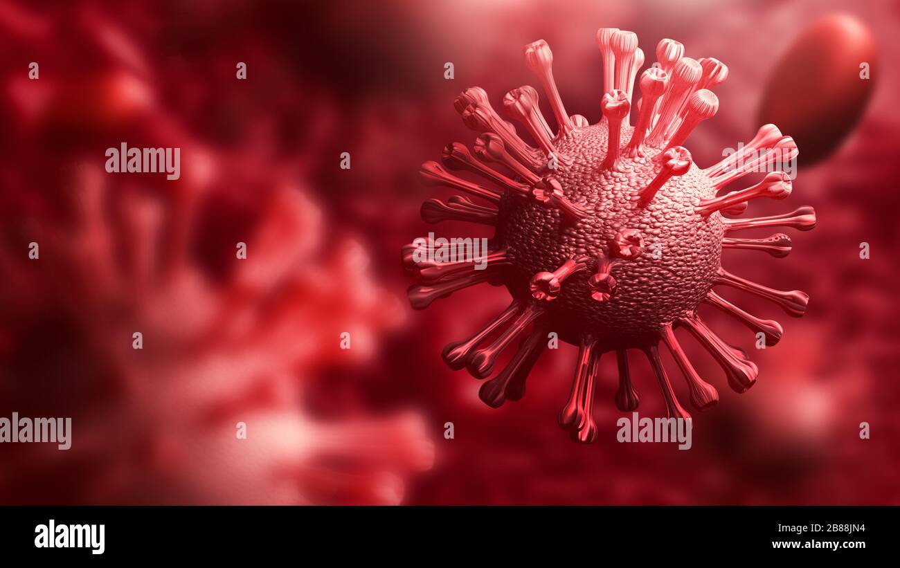 Super closeup Coronavirus COVID-19 su sfondo umano. Scienza e microbiologia. Epidemia di virus Corona. Salute medica e vir Foto Stock