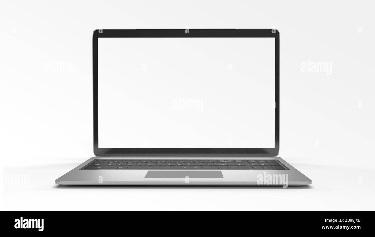 Mockup del laptop su sfondo bianco. Business e tecnologia online concetto di oggetto. Schermo vuoto per inserire il tuo annuncio. Rendering di illustrazioni 3D Foto Stock