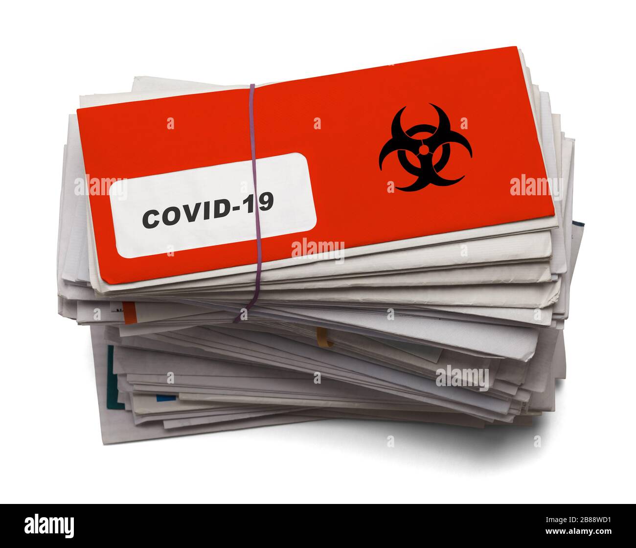 Coronavirus diffuso da Mail isolato su sfondo bianco. Foto Stock