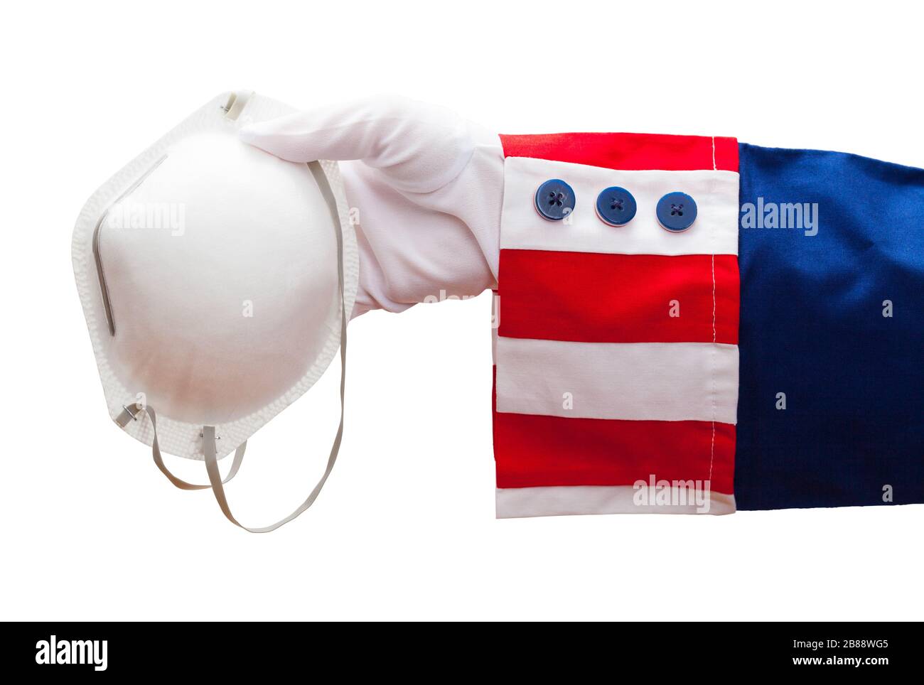 Uncle Sam Holding N95 maschera medica isolato su bianco. Foto Stock