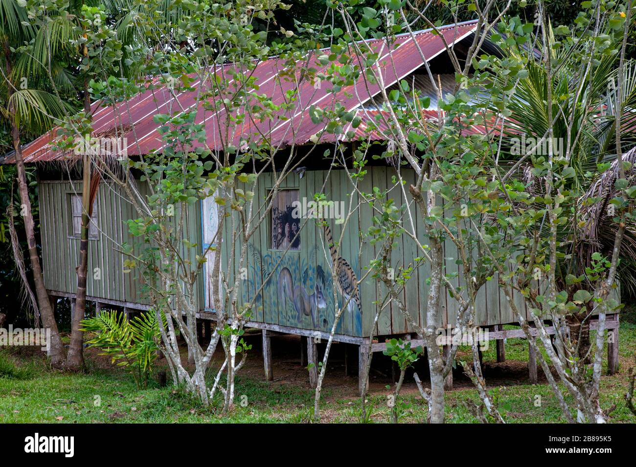Dipinti esotici sulle case della comunità della tribù Ticuna, Mocagua, Amazon Rain Forest, Colombia Sud America. Foto Stock