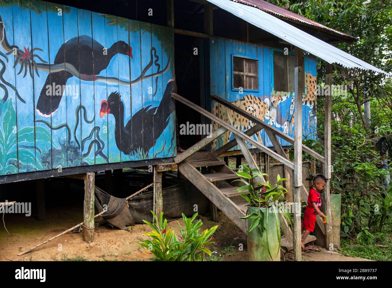 Dipinti esotici sulle case indiane della tribù Ticuna comunità, Mocagua,  Amazon Rain Forest, Colombia, Sud America Foto stock - Alamy