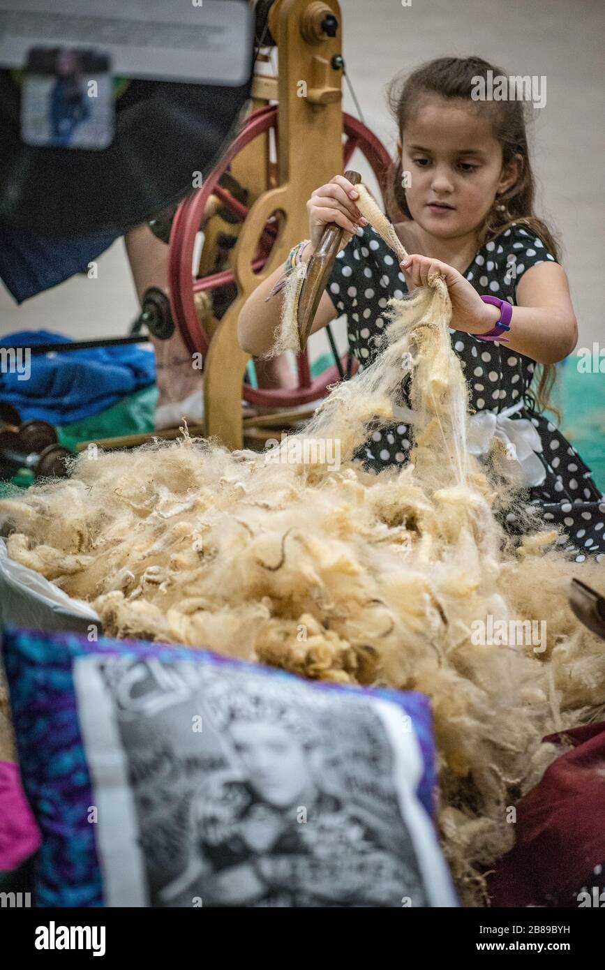 Giovane ragazza in pecora a scialle concorrenza al PA farm show Foto Stock